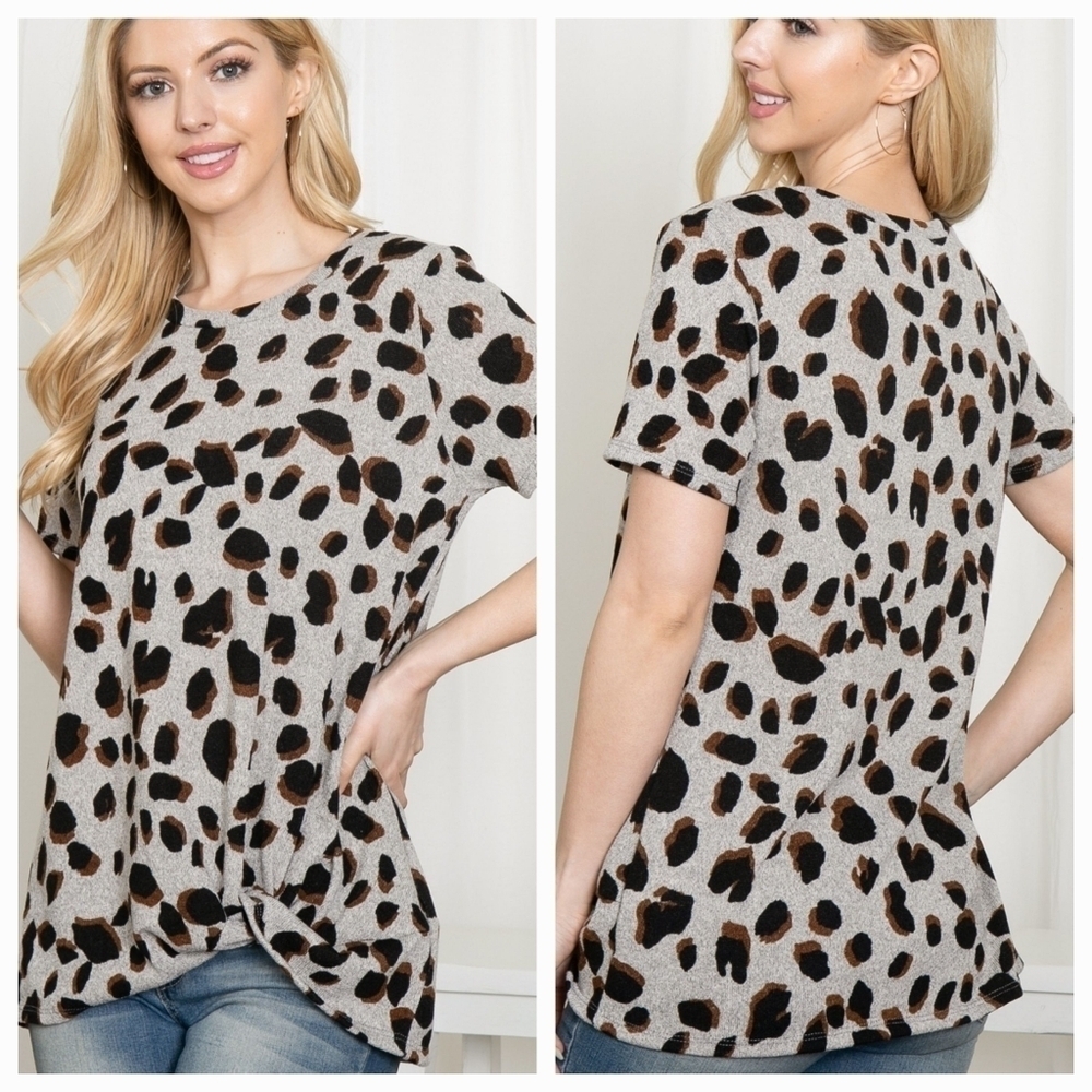 LEOPARD PRINTSHORT SLEEVES KNOT TOP GREY